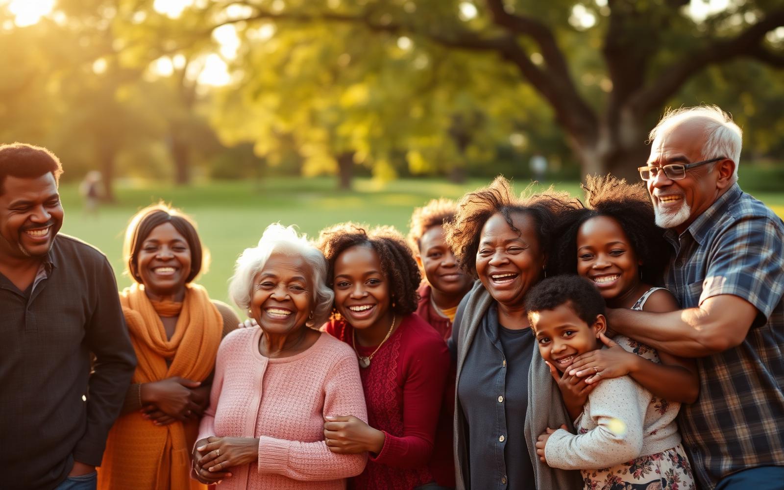 Multi-generational family gathered together at sunset